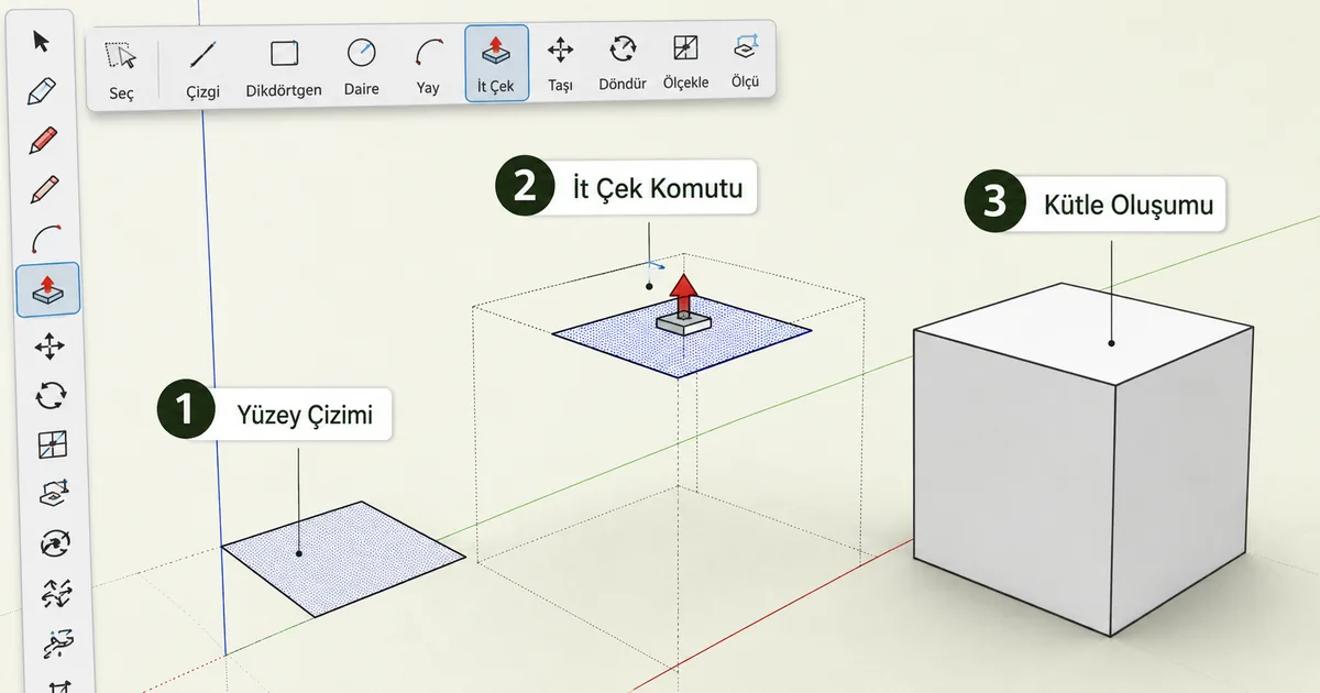 SketchUp Push Pull komutu Türkçe arayüz menüleri ile yüzeyden kütleye dönüşüm üç aşamalı akış