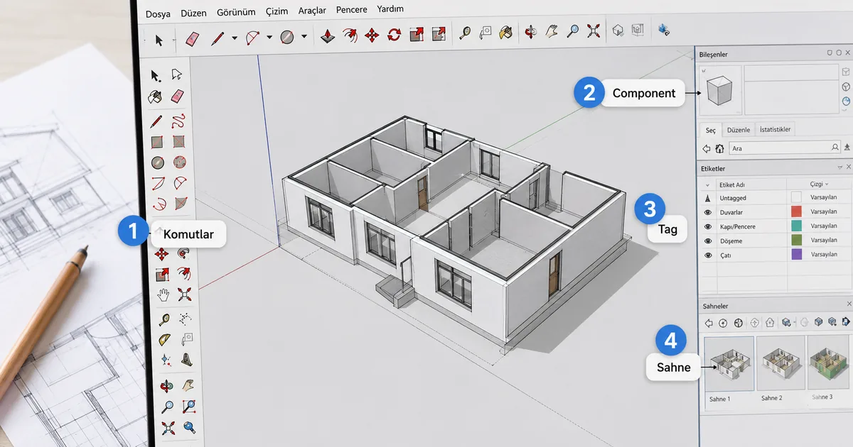 SketchUp arayüzü Türkçe menülerle numaralı yol haritası adımları ve temel komutlar açıklaması