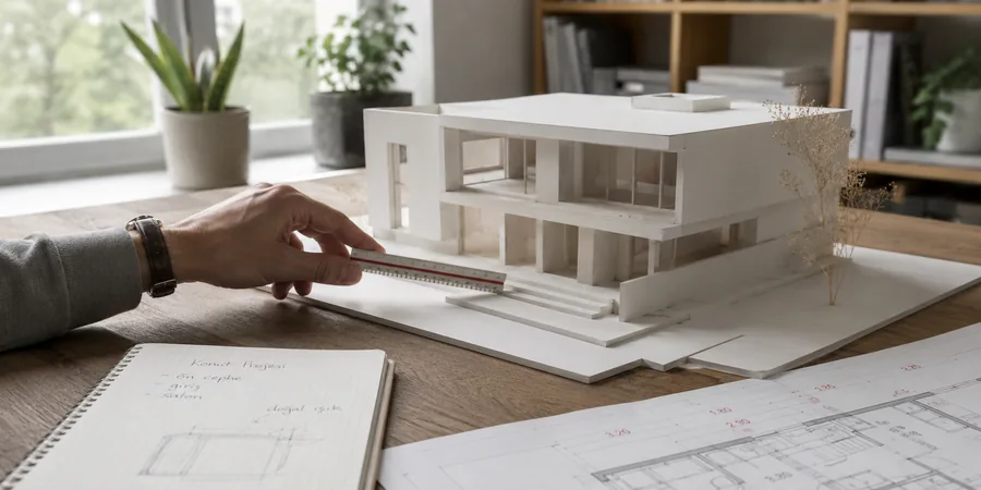 Mimarlık ofisinde SketchUp ile çalışan masa düzeni karton maket pafta ve ölçü aleti