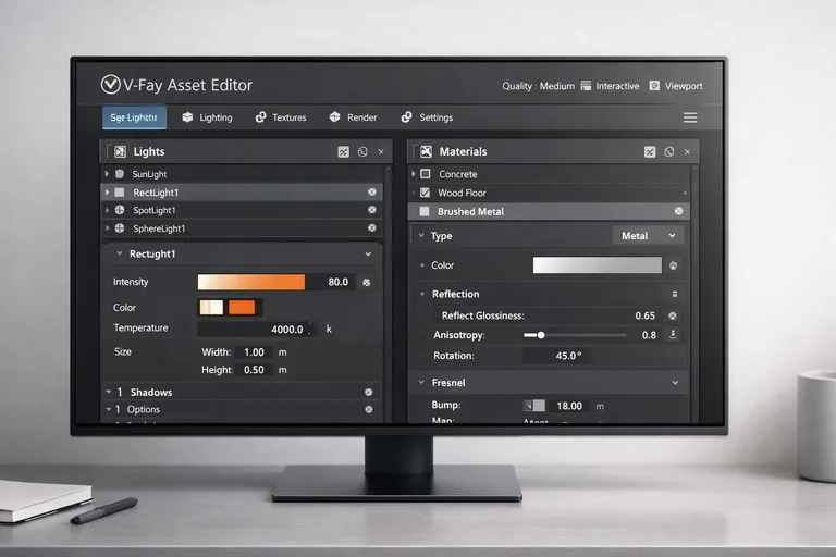 V-Ray asset editor panelinde ışık, materyal ve render ayarlarının düzenlendiği arayüz ve kontrol seçenekleri