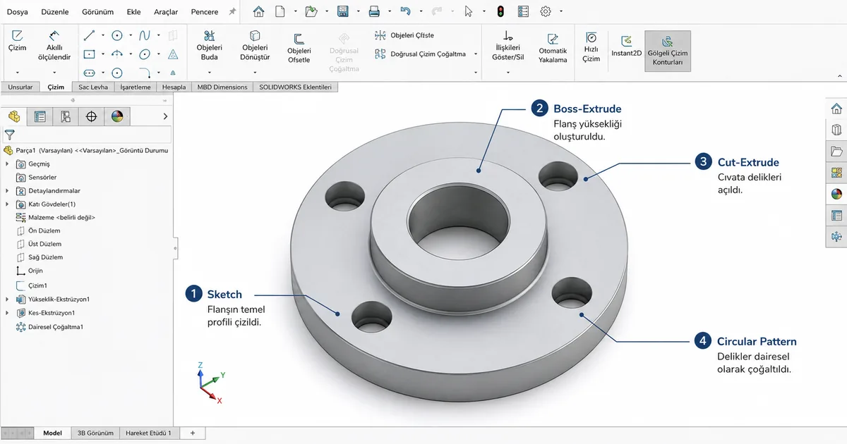 Silindir ve prizma tabanlı mekanik parçaların SolidWorks içerisinde ölçülendirilerek oluşturulduğu modelleme süreci