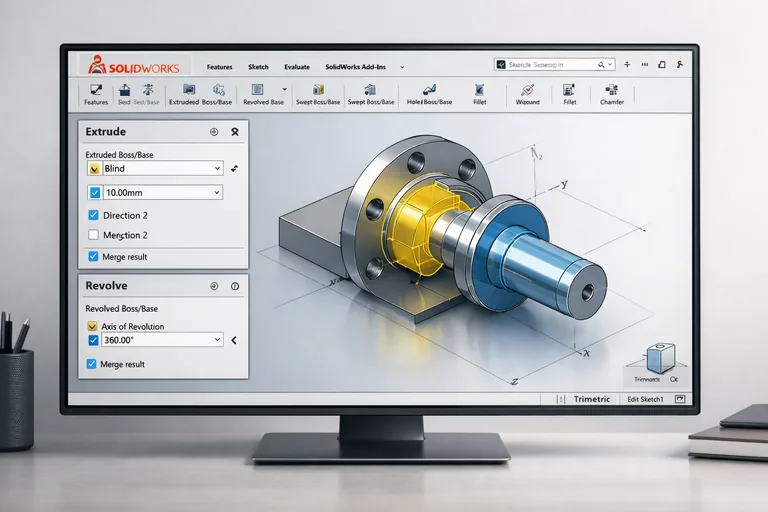 SolidWorks extrude ve revolve araçları ile katı modelleme Extrude ve revolve araçları kullanılarak oluşturulan mekanik bileşenlerin katı modelleme süreci ve parametrik düzenleme paneli