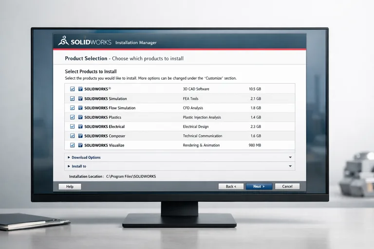 SolidWorks installation manager bileşen seçimi ekranı Bilgisayar ekranında SolidWorks installation manager arayüzü ile ürün bileşenleri seçilirken mühendislik yazılımı kurulumu hazırlanıyor