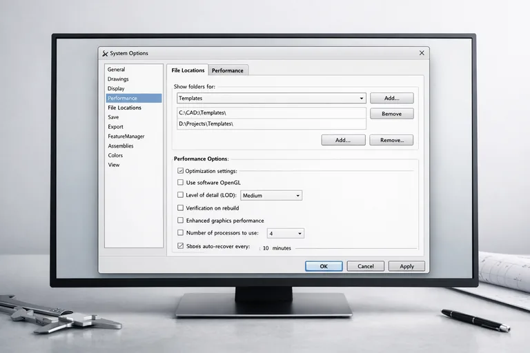 SolidWorks dosya konumu ve performans ayarları paneli CAD yazılımı ayarlar penceresinde dosya konumlarının düzenlenmesi ve performans seçeneklerinin yapılandırılması gösteriliyor