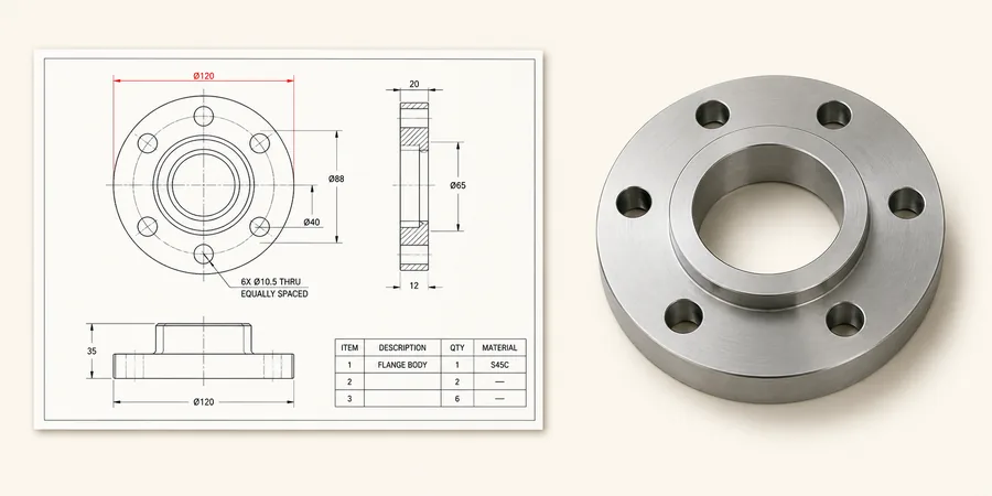 SolidWorks drawing sayfası ve malzeme listesi imalat çıktısı SolidWorks teknik resim paftası BOM tablosu ve mekanik flanş parçası ahşap masa üzerinde