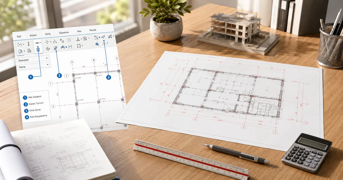 STA4CAD plan editöründe aks kolon kiriş tanımı ve kat kopyalama akışı Türkçe arayüzde numaralı annotation