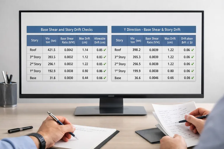 Taban kesme ve kat ötelenmesini birlikte doğrulamak STA4CAD’de X ve Y doğrultusu taban kesmelerinin yan yana karşılaştırıldığı ve kat ötelenme oranlarının limitlerle kontrol edildiği tablo