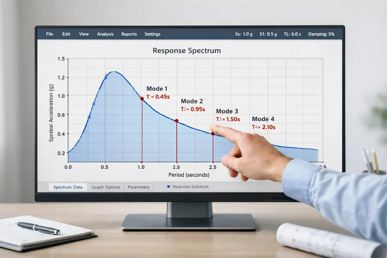 Spektrum eğrisini periyotlarla hizalayarak kontrol etmek STA4CAD spektrum eğrisinin grafik üzerinde gösterildiği, model periyotlarının işaretlenerek hangi bandda kaldığının kontrol edildiği görünüm