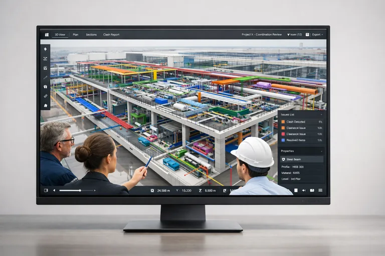 BIM koordinasyon toplantısı modeli Farklı disiplinlerin dijital yapı modelini aynı platformda inceleyerek koordinasyon toplantısı yapması