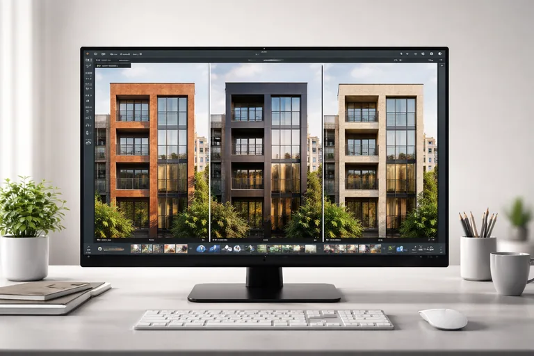 Cephe malzemesi A B C seçeneklerini kıyaslamak Twinmotion’da aynı cephe için terracotta metal ve taş kaplama seçeneklerinin aynı kamera açılarıyla yan yana karşılaştırılması