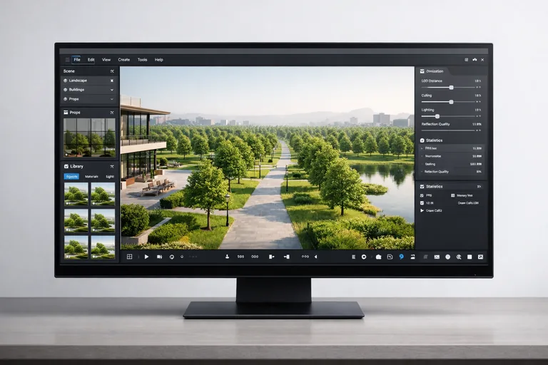 Peyzajda instancing ve LOD ile sahneyi hafifletmek Twinmotion’da bir peyzaj sahnesinde ağaçların instancing ile çoğaltılması ve kamera yakınındaki alanlarda detayın artırılması