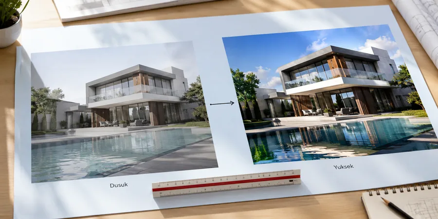 Twinmotion render settings panelinde shadow quality ve reflection ayarlarının karşılaştırılması